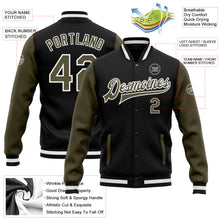 Laden Sie das Bild in den Galerie-Viewer, Uksn Individuelles Bomberjacke in Schwarz-Oliv-Weiß mit Druckknopfleiste, Zweifarben-Design und Varsity-Letterman-Stil