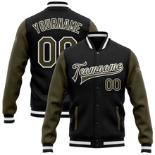Laden Sie das Bild in den Galerie-Viewer, Uksn Individuelles Bomberjacke in Schwarz-Oliv-Weiß mit Druckknopfleiste, Zweifarben-Design und Varsity-Letterman-Stil