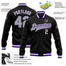Laden Sie das Bild in den Galerie-Viewer, Uksn Individuelles Bomberjacke in Schwarz-Grau-Violett mit Druckknopfleiste und Varsity-Letterman-Stil