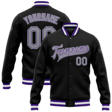 Laden Sie das Bild in den Galerie-Viewer, Uksn Individuelles Bomberjacke in Schwarz-Grau-Violett mit Druckknopfleiste und Varsity-Letterman-Stil