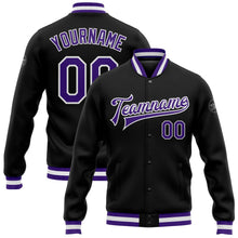 Laden Sie das Bild in den Galerie-Viewer, Uksn Individuelles Bomberjacke in Schwarz-Violett-Weiß mit Druckknopfleiste und Varsity-Letterman-Stil