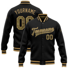 Laden Sie das Bild in den Galerie-Viewer, Uksn Individuelles Bomberjacke in Schwarz-Camouflage-Altgold mit Druckknopfleiste und Varsity-Letterman-Stil