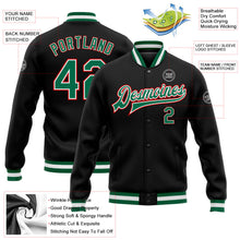 Laden Sie das Bild in den Galerie-Viewer, Uksn Individuelles Bomberjacke in Schwarz-Kelly-Grün-Rot mit Druckknopfleiste und Varsity-Letterman-Stil