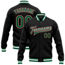 Laden Sie das Bild in den Galerie-Viewer, Uksn Individuelles Bomberjacke in Schwarz-Kelly-Grün-Rot mit Druckknopfleiste und Varsity-Letterman-Stil