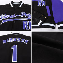 Laden Sie das Bild in den Galerie-Viewer, Uksn Individuelles Bomberjacke in Schwarz-Violett-Weiß mit Druckknopfleiste, Zweifarben-Design und Varsity-Letterman-Stil