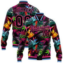 Laden Sie das Bild in den Galerie-Viewer, Uksn Individuelles Bomberjacke in Schwarz-Pink-Hellblau mit 3D-Hawaii-Palmen-Design, Druckknopfleiste und Varsity-Letterman-Stil