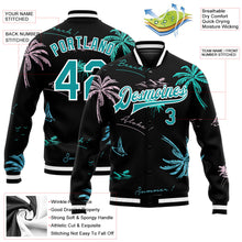 Laden Sie das Bild in den Galerie-Viewer, Uksn Individuelles Bomberjacke in Schwarz-Petrol-Weiß mit 3D-Hawaii-Palmen-Design, Druckknopfleiste und Varsity-Letterman-Stil