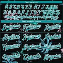 Laden Sie das Bild in den Galerie-Viewer, Uksn Individuelles Bomberjacke in Schwarz-Petrol-Weiß mit 3D-Hawaii-Palmen-Design, Druckknopfleiste und Varsity-Letterman-Stil