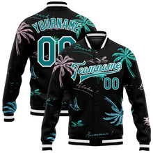 Laden Sie das Bild in den Galerie-Viewer, Uksn Individuelles Bomberjacke in Schwarz-Petrol-Weiß mit 3D-Hawaii-Palmen-Design, Druckknopfleiste und Varsity-Letterman-Stil