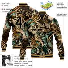 Laden Sie das Bild in den Galerie-Viewer, Uksn Individuelles Bomberjacke in Schwarz-Schwarz-Altgold mit 3D-Hawaii-Palmen-Design, Druckknopfleiste und Varsity-Letterman-Stil