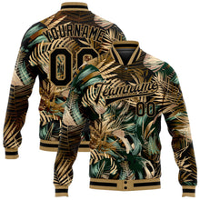 Laden Sie das Bild in den Galerie-Viewer, Uksn Individuelles Bomberjacke in Schwarz-Schwarz-Altgold mit 3D-Hawaii-Palmen-Design, Druckknopfleiste und Varsity-Letterman-Stil