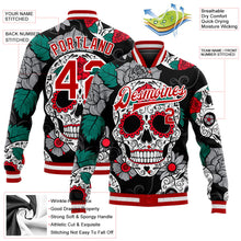 Laden Sie das Bild in den Galerie-Viewer, Uksn Individuelles Bomberjacke in Schwarz-Rot-Weiß mit 3D-Totenkopf-Design, Druckknopfleiste und Varsity-Letterman-Stil