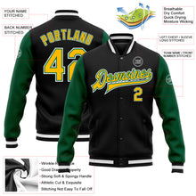 Laden Sie das Bild in den Galerie-Viewer, Uksn Individuelles Bomberjacke in Schwarz-Gold-Kelly-Grün mit Druckknopfleiste, Zweifarben-Design und Varsity-Letterman-Stil