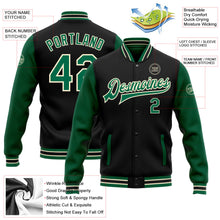 Laden Sie das Bild in den Galerie-Viewer, Uksn Individuelles Bomberjacke in Schwarz-Kelly-Grün-Creme mit Druckknopfleiste, Zweifarben-Design und Varsity-Letterman-Stil