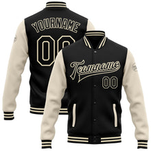 Laden Sie das Bild in den Galerie-Viewer, Uksn Individuelles Bomberjacke in Schwarz-Schwarz-Creme mit Druckknopfleiste, Zweifarben-Design und Varsity-Letterman-Stil