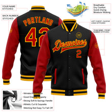 Laden Sie das Bild in den Galerie-Viewer, Uksn Individuelles Bomberjacke in Schwarz-Rot-Gold mit Druckknopfleiste, Zweifarben-Design und Varsity-Letterman-Stil