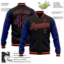 Laden Sie das Bild in den Galerie-Viewer, Uksn Individuelles Bomberjacke in Schwarz-Royalblau-Orange mit Druckknopfleiste, Zweifarben-Design und Varsity-Letterman-Stil
