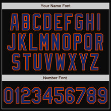 Laden Sie das Bild in den Galerie-Viewer, Uksn Individuelles Bomberjacke in Schwarz-Royalblau-Orange mit Druckknopfleiste, Zweifarben-Design und Varsity-Letterman-Stil