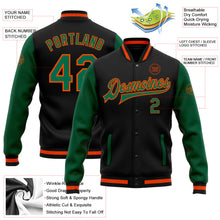 Laden Sie das Bild in den Galerie-Viewer, Uksn Individuelles Bomberjacke in Schwarz-Kelly-Grün-Orange mit Druckknopfleiste, Zweifarben-Design und Varsity-Letterman-Stil