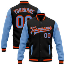 Laden Sie das Bild in den Galerie-Viewer, Uksn Individuelles Bomberjacke in Schwarz-Hellblau-Orange mit Druckknopfleiste, Zweifarben-Design und Varsity-Letterman-Stil