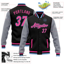 Laden Sie das Bild in den Galerie-Viewer, Uksn Individuelles Bomberjacke in Schwarz-Pink-Grau-Hellblau mit Druckknopfleiste, Zweifarben-Design und Varsity-Letterman-Stil