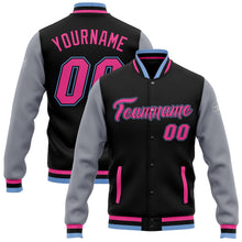 Laden Sie das Bild in den Galerie-Viewer, Uksn Individuelles Bomberjacke in Schwarz-Pink-Grau-Hellblau mit Druckknopfleiste, Zweifarben-Design und Varsity-Letterman-Stil