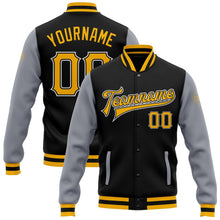 Laden Sie das Bild in den Galerie-Viewer, Uksn Individuelles Bomberjacke in Schwarz-Gold-Grau mit Druckknopfleiste, Zweifarben-Design und Varsity-Letterman-Stil