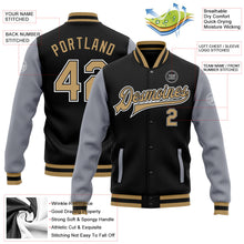 Laden Sie das Bild in den Galerie-Viewer, Uksn Individuelles Bomberjacke in Schwarz-Altgold-Grau mit Druckknopfleiste, Zweifarben-Design und Varsity-Letterman-Stil
