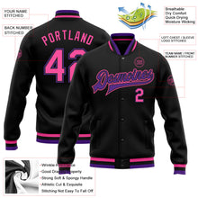 Laden Sie das Bild in den Galerie-Viewer, Uksn Individuelles Bomberjacke in Schwarz-Pink-Violett mit Druckknopfleiste und Varsity-Letterman-Stil