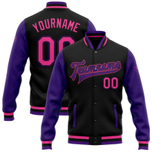 Laden Sie das Bild in den Galerie-Viewer, Uksn Individuelles Bomberjacke in Schwarz-Pink-Violett mit Druckknopfleiste, Zweifarben-Design und Varsity-Letterman-Stil