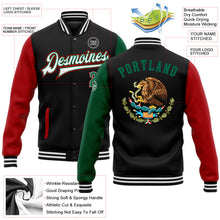 Laden Sie das Bild in den Galerie-Viewer, Uksn Individuelles Bomberjacke in Schwarz-Kelly-Grün-Rot mit 3D-Mexiko-Design, Druckknopfleiste, Zweifarben-Design und Varsity-Letterman-Stil