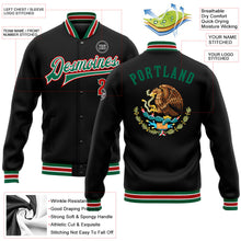 Laden Sie das Bild in den Galerie-Viewer, Uksn Individuelles Bomberjacke in Schwarz-Rot-Kelly-Grün mit 3D-Mexiko-Design, Druckknopfleiste und Varsity-Letterman-Stil