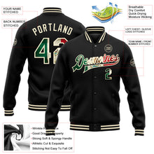 Laden Sie das Bild in den Galerie-Viewer, Uksn Individuelles Bomberjacke in Schwarz-Creme mit Vintage-Mexiko-Flagge, Druckknopfleiste und Varsity-Letterman-Stil