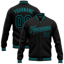 Laden Sie das Bild in den Galerie-Viewer, Uksn Individuelles Bomberjacke in Schwarz-Petrol mit Druckknopfleiste und Varsity-Letterman-Stil