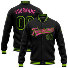 Laden Sie das Bild in den Galerie-Viewer, Uksn Individuelles Bomberjacke in Schwarz-Neongrün-Pink mit Druckknopfleiste und Varsity-Letterman-Stil