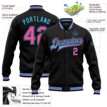 Laden Sie das Bild in den Galerie-Viewer, Uksn Individuelles Bomberjacke in Schwarz-Pink-Himmelblau mit Druckknopfleiste und Varsity-Letterman-Stil