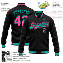 Laden Sie das Bild in den Galerie-Viewer, Uksn Individuelles Bomberjacke in Schwarz-Pink-Aqua mit Druckknopfleiste und Varsity-Letterman-Stil