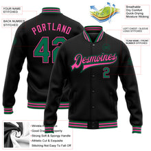 Laden Sie das Bild in den Galerie-Viewer, Uksn Individuelles Bomberjacke in Schwarz-Kelly-Grün-Pink mit Druckknopfleiste und Varsity-Letterman-Stil