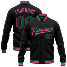 Laden Sie das Bild in den Galerie-Viewer, Uksn Individuelles Bomberjacke in Schwarz-Kelly-Grün-Pink mit Druckknopfleiste und Varsity-Letterman-Stil