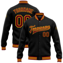 Laden Sie das Bild in den Galerie-Viewer, Uksn Individuelles Bomberjacke in Schwarz-Karmesinrot-Gold mit Druckknopfleiste und Varsity-Letterman-Stil