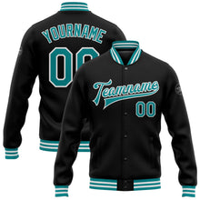 Laden Sie das Bild in den Galerie-Viewer, Uksn Individuelles Bomberjacke in Schwarz-Petrol-Weiß mit Druckknopfleiste und Varsity-Letterman-Stil
