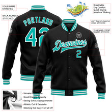 Laden Sie das Bild in den Galerie-Viewer, Uksn Individuelles Bomberjacke in Schwarz-Aqua-Weiß mit Druckknopfleiste und Varsity-Letterman-Stil