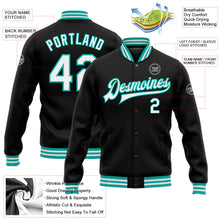 Laden Sie das Bild in den Galerie-Viewer, Uksn Individuelles Bomberjacke in Schwarz-Weiß-Aqua mit Druckknopfleiste und Varsity-Letterman-Stil