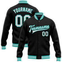 Laden Sie das Bild in den Galerie-Viewer, Uksn Individuelles Bomberjacke in Schwarz-Weiß-Aqua mit Druckknopfleiste und Varsity-Letterman-Stil