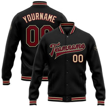 Laden Sie das Bild in den Galerie-Viewer, Uksn Individuelles Bomberjacke in Schwarz-Karmesinrot-City-Creme mit Druckknopfleiste und Varsity-Letterman-Stil