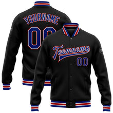 Laden Sie das Bild in den Galerie-Viewer, Uksn Individuelles Bomberjacke in Schwarz-Royalblau-Rot mit Druckknopfleiste und Varsity-Letterman-Stil
