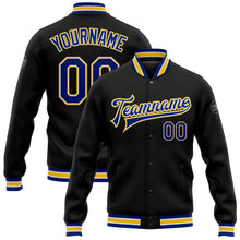 Laden Sie das Bild in den Galerie-Viewer, Uksn Individuelles Bomberjacke in Schwarz-Royalblau-Gelb mit Druckknopfleiste und Varsity-Letterman-Stil