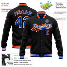 Laden Sie das Bild in den Galerie-Viewer, Uksn Individuelles Bomberjacke in Schwarz-Royalblau-Orange mit Druckknopfleiste und Varsity-Letterman-Stil