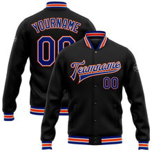 Laden Sie das Bild in den Galerie-Viewer, Uksn Individuelles Bomberjacke in Schwarz-Royalblau-Orange mit Druckknopfleiste und Varsity-Letterman-Stil