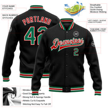 Laden Sie das Bild in den Galerie-Viewer, Uksn Individuelles Bomberjacke in Schwarz-Kelly-Grün-Rot mit Druckknopfleiste und Varsity-Letterman-Stil